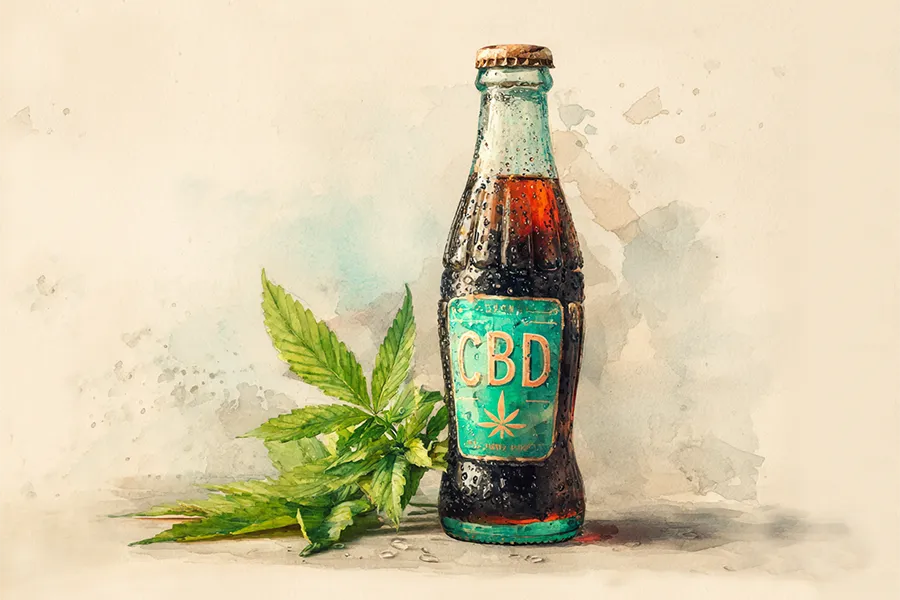 CBD beverage bottle with hemp leaves — representing the rise of CBD-infused drinks like kombucha, teas, and coffee pods