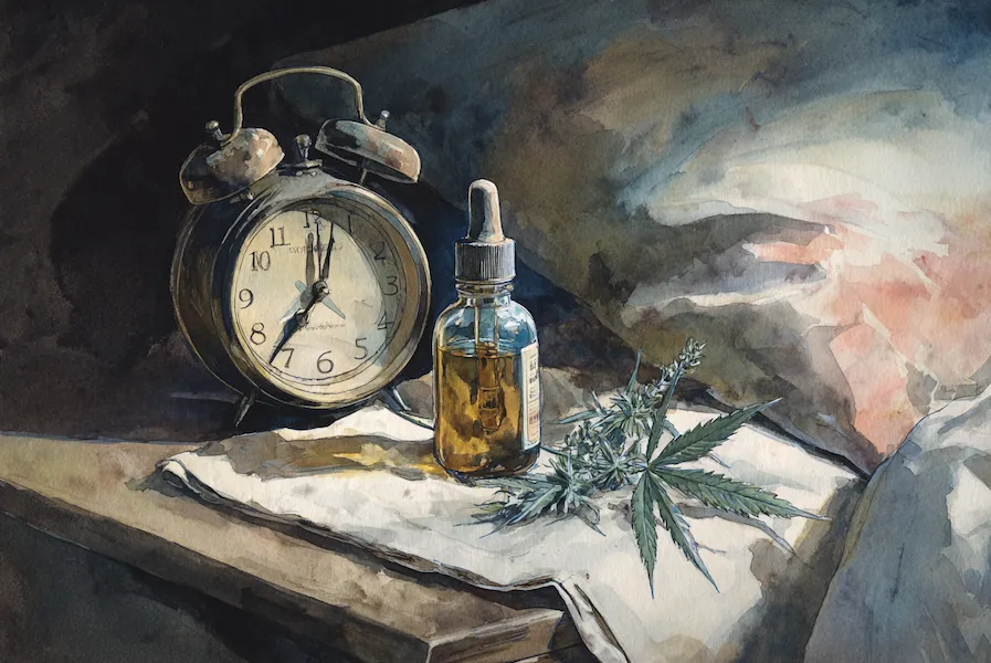 CBD oil on bedside table with vintage alarm clock and hemp leaf — symbolic of CBD’s role in improving sleep cycles and supporting REM/NREM stages