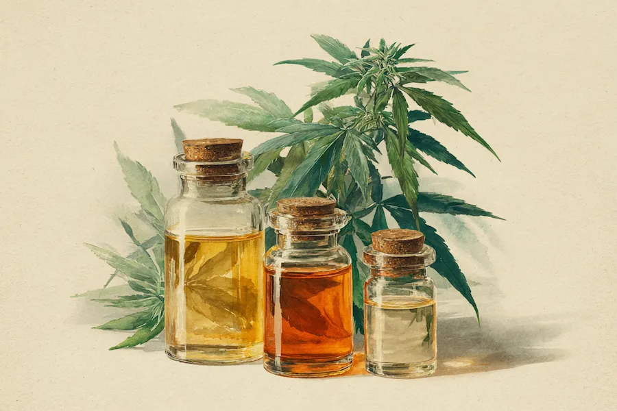 Three glass bottles of CBD oil in different shades placed in front of hemp leaves — visualising full-spectrum, broad-spectrum, and isolate varieties