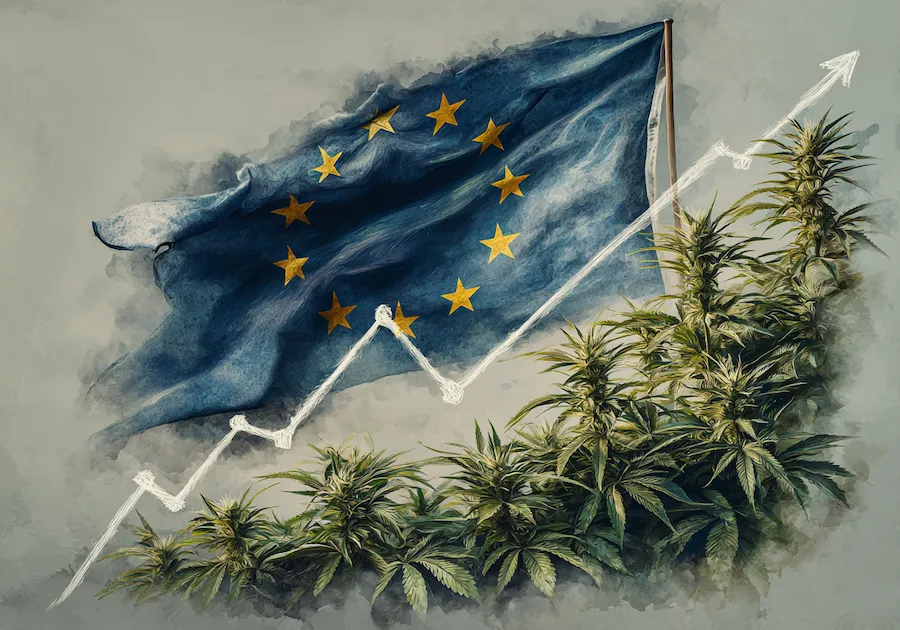 European CBD market growth illustrated with EU flag, rising chart, and hemp plants — symbolizing industry expansion