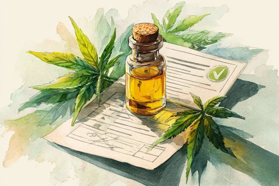 CBD oil bottle placed on a lab-tested certificate of analysis with cannabis leaves — symbolising verified cannabinoid content and regulatory compliance