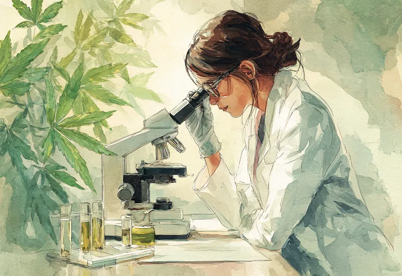 Female scientist analysing CBD samples under microscope — emphasising third-party lab testing and quality control in hemp-derived product manufacturing