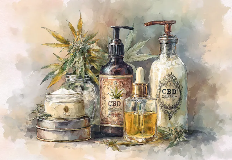 CBD product lineup with creams, oils, and skincare items — visualizing 2025’s top product innovations in wellness