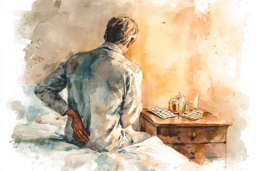 Man sitting on bed with hand on lower back, looking at CBD oil and medication on nightstand — illustrating CBD’s potential role in managing chronic pain and inflammation
