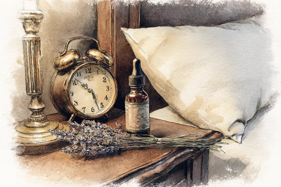 CBD oil bottle on bedside table with lavender and vintage clock — visualizing CBD’s calming effects and potential sleep benefits