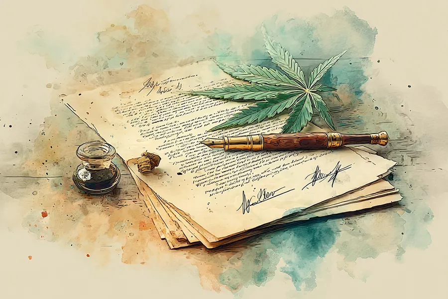 Signed CBD manufacturing agreement with hemp leaf and fountain pen on parchment paper, symbolizing legal compliance and partnership